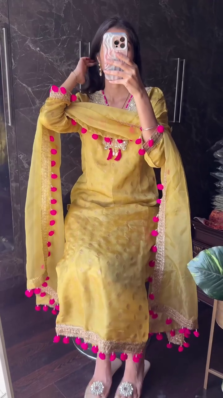 Premium Tissue Pom Pom Suit – Elegant Ethnic Wear with Playful Charm