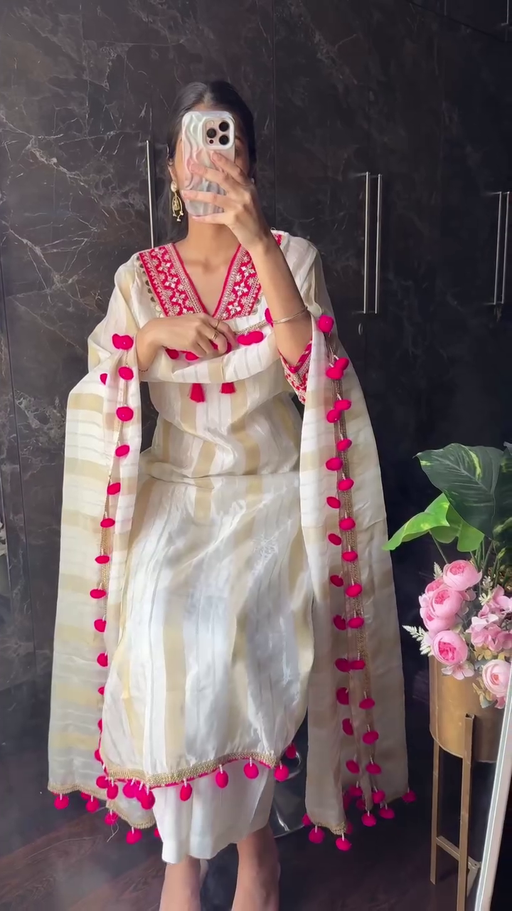 Premium Tissue Pom Pom Suit – Elegant Ethnic Wear with Playful Charm