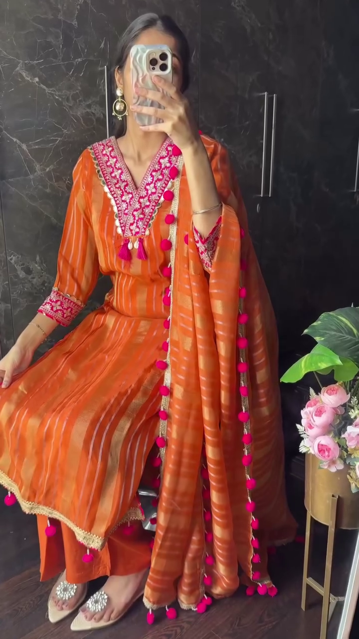 Premium Tissue Pom Pom Suit – Elegant Ethnic Wear with Playful Charm