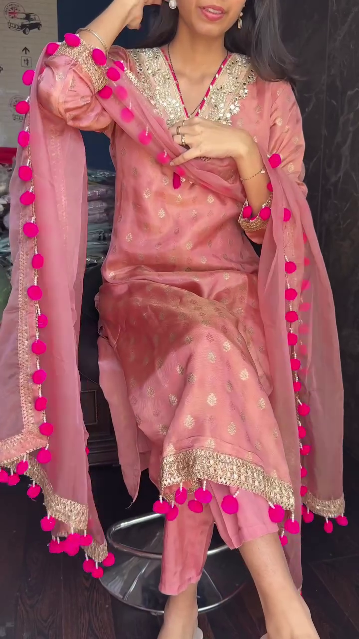 Premium Tissue Pom Pom Suit – Elegant Ethnic Wear with Playful Charm