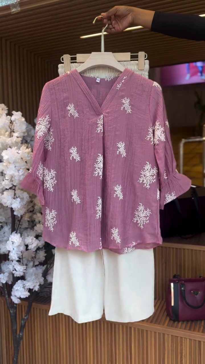 Pink Tunic Top with White Embroidery and White Trousers – Elegant & Effortless Style