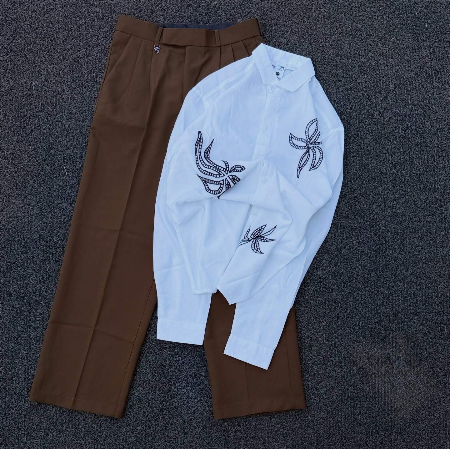 Sophisticated Heritage: Brown Embroidered Long-Sleeve Shirt with Trousers for Men