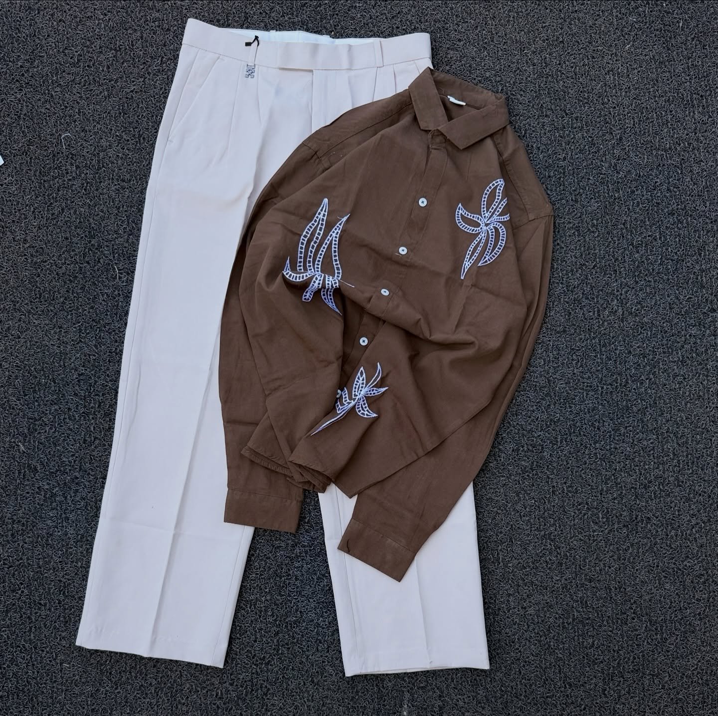 Sophisticated Heritage: Brown Embroidered Long-Sleeve Shirt with Trousers for Men
