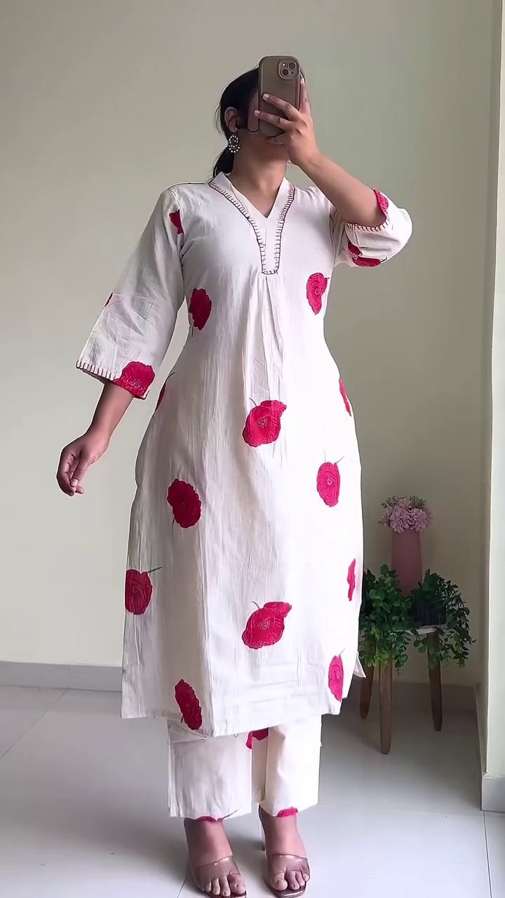 🤍 Serene Bloom: White & Teal Embroidered Kurta Set