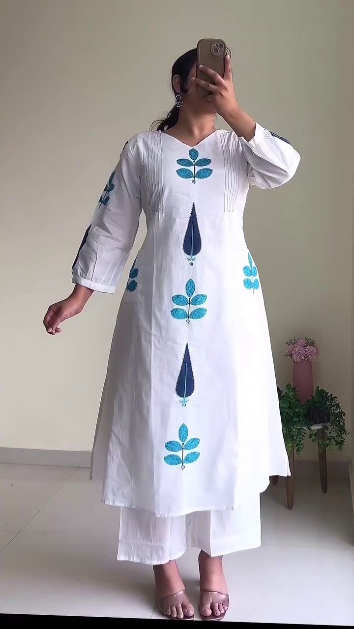 🤍 Serene Bloom: White & Teal Embroidered Kurta Set