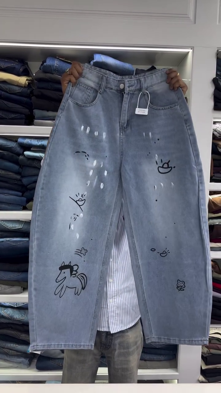 💙 Playful Street: Doodle Art Wide-Leg Denim