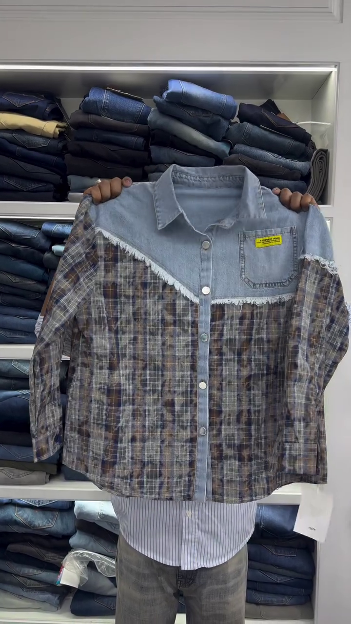 💙 Rustic Fusion: Plaid & Denim Panel Shirt