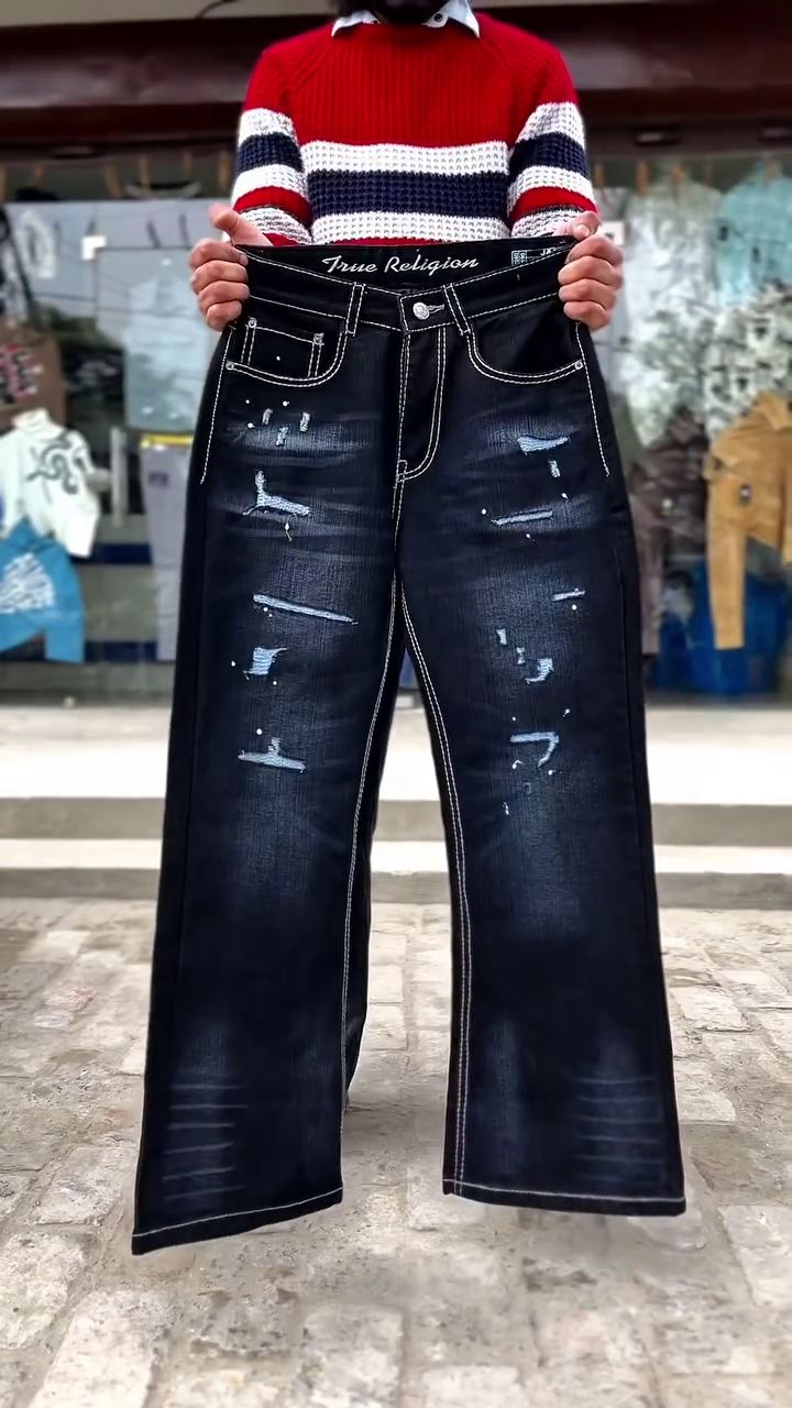 🔥 Midnight Edge: Distressed Wide-Leg Denim