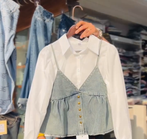 🤍 Blue Layered Charm: Denim Camisole Shirt Top