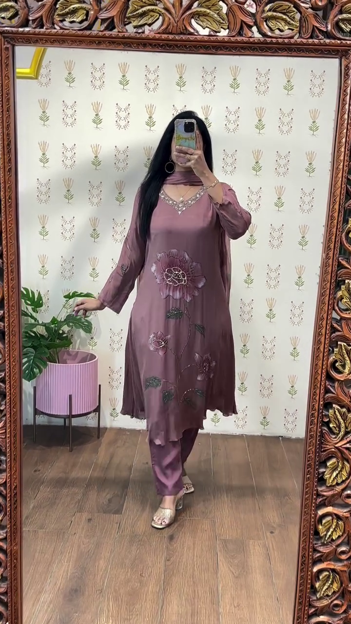 Elegant Mauve Embroidered Suit Set – Sheer Grace with Floral Detailing