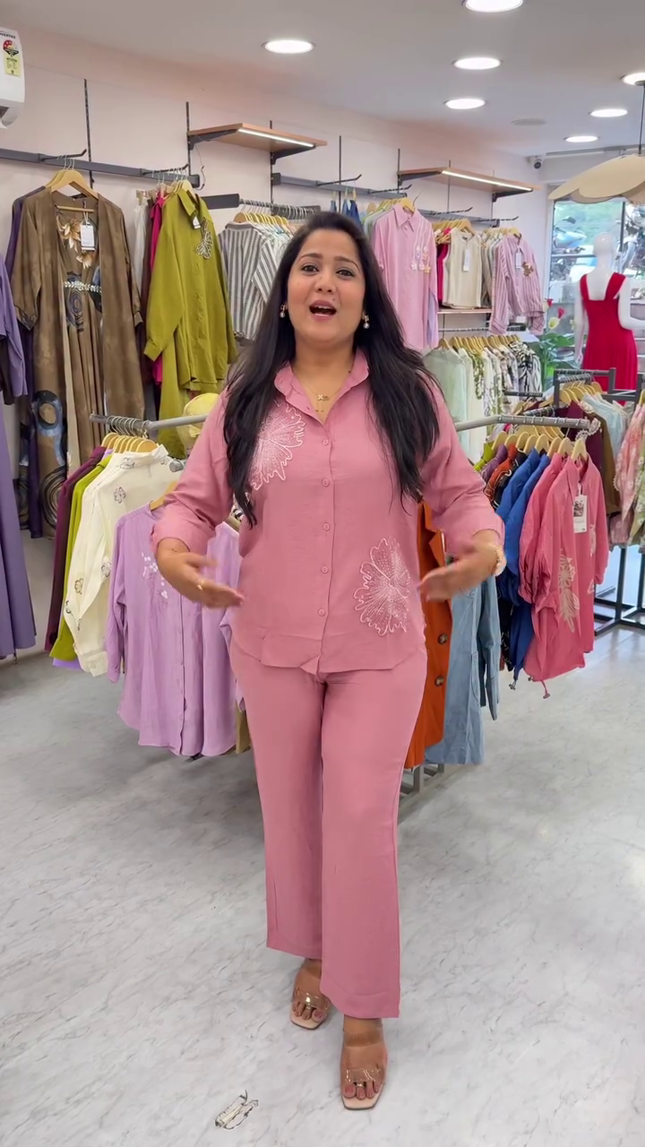 Blush Pink Embroidered Co-Ord Set – Soft Elegance with Everyday Comfort