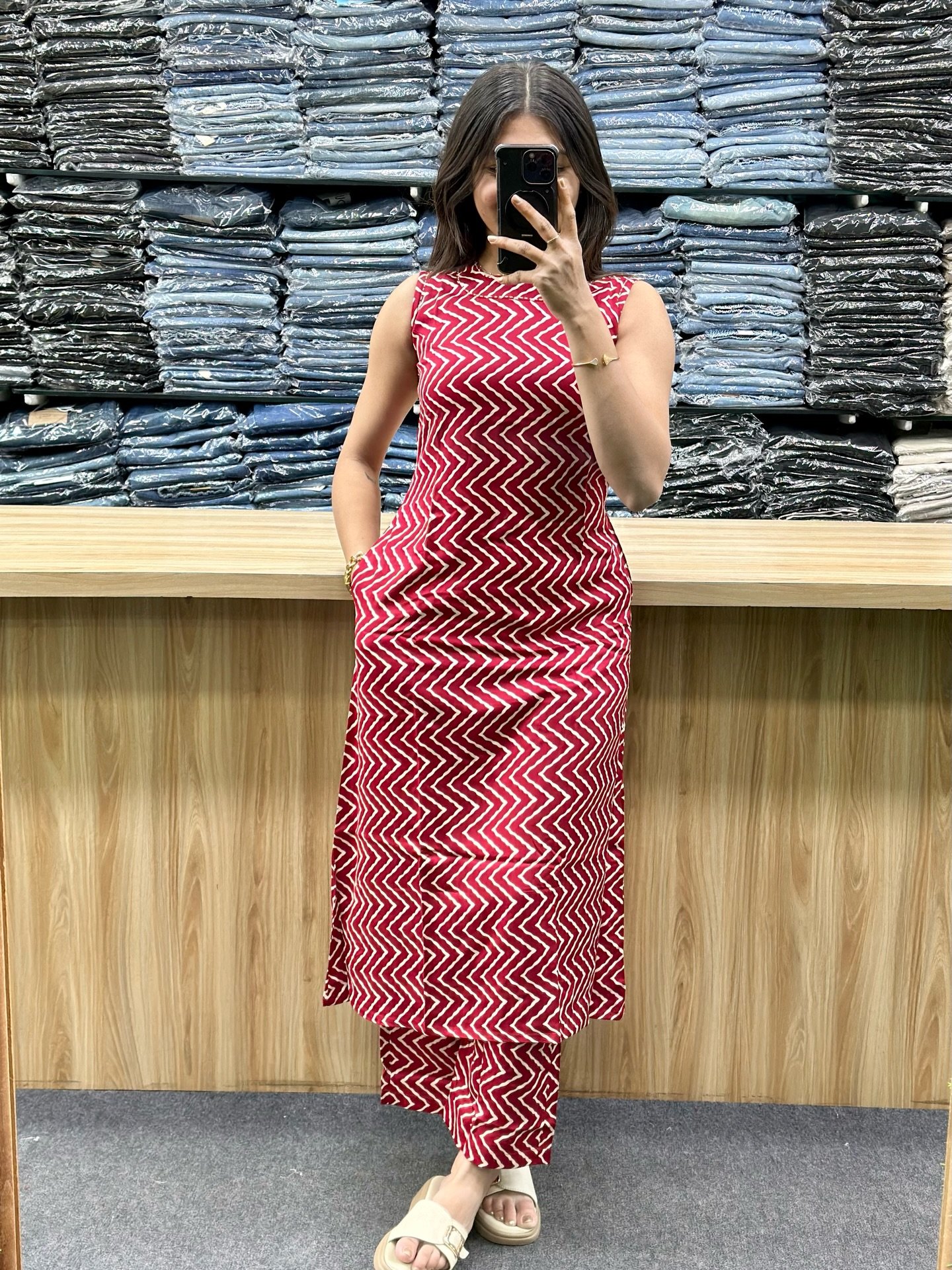 Bold Red Zigzag Printed Co-Ord Set – Sleeveless Statement Style with Modern Edge