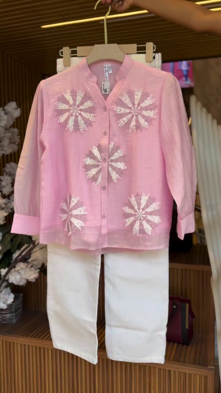 Elegant Pink Floral Embroidered Shirt with Classic White Wide-Leg Pants
