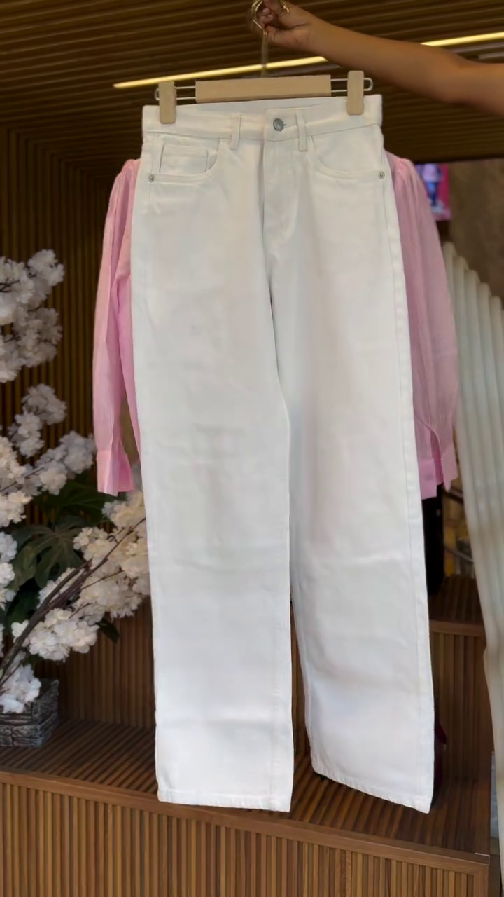 Elegant Pink Floral Embroidered Shirt with Classic White Wide-Leg Pants
