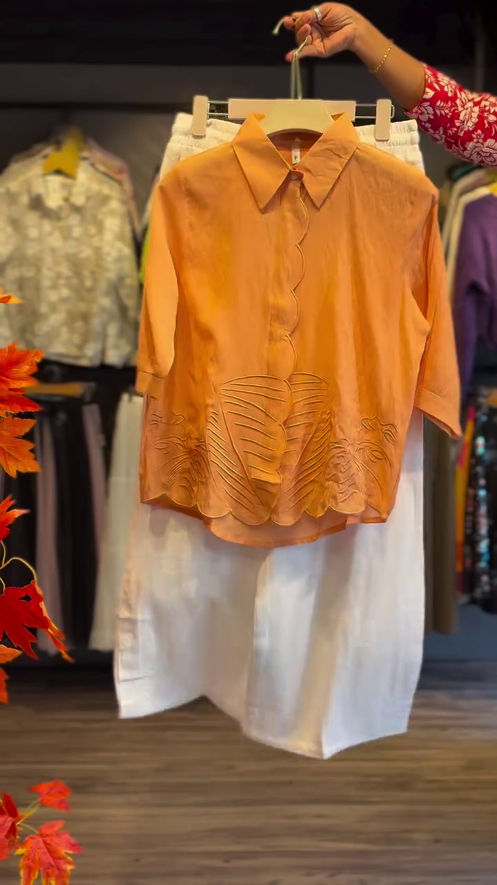 Chic White Wide-Leg Pants with Peach Embroidered Shirt