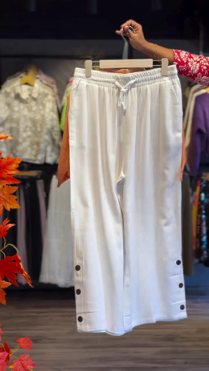 Chic White Wide-Leg Pants with Peach Embroidered Shirt