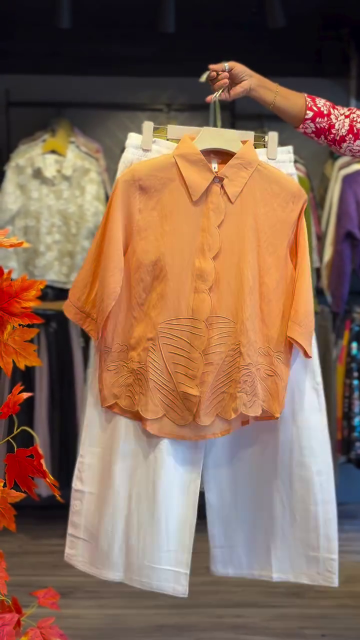 Chic White Wide-Leg Pants with Peach Embroidered Shirt