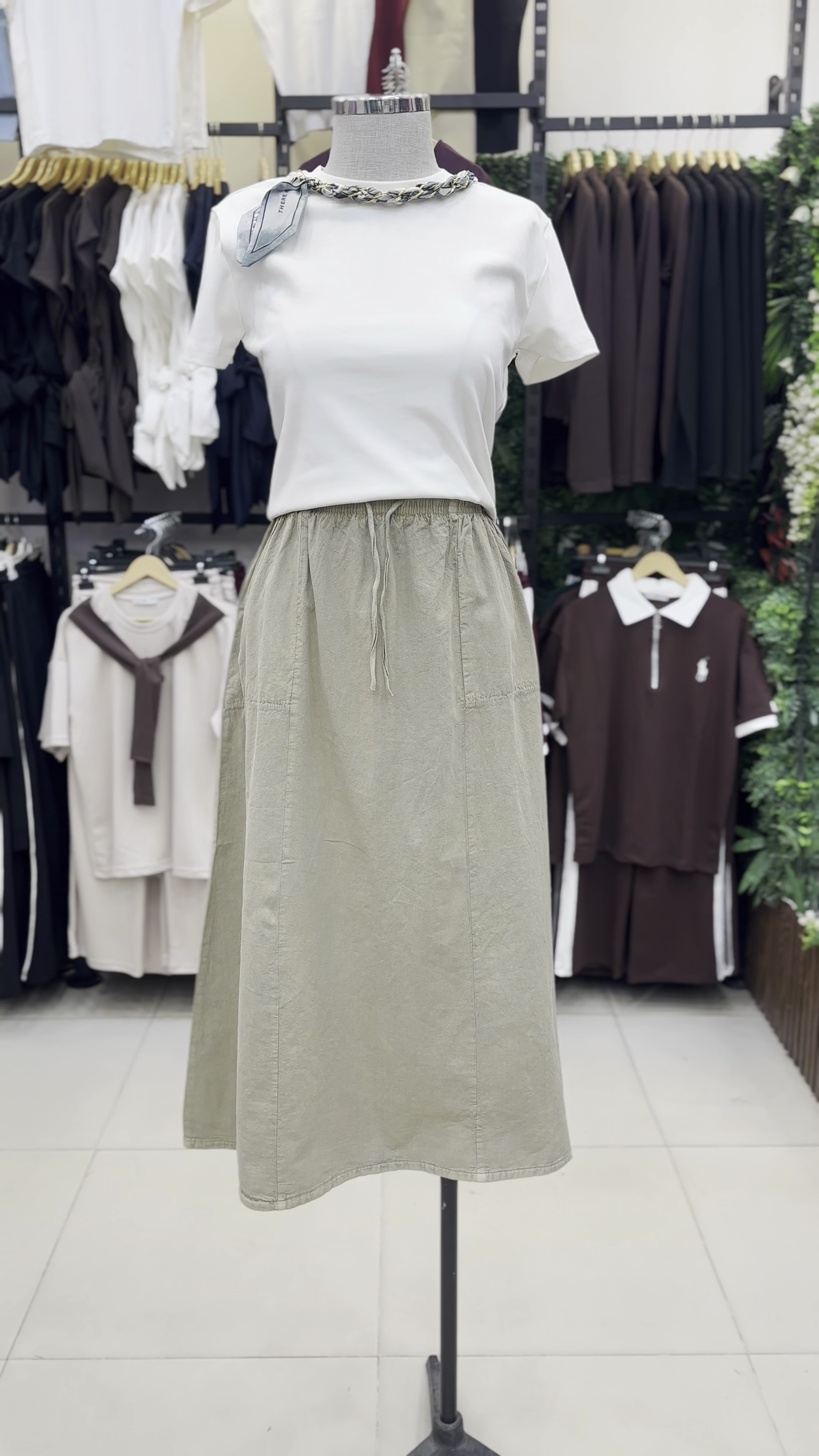 🤍 Urban Grace Co-Ord Set – Classic White Tee & Olive Midi Skirt | Available in Multiple Colours, Designs & Sizes (XXS–XXL) 🌿