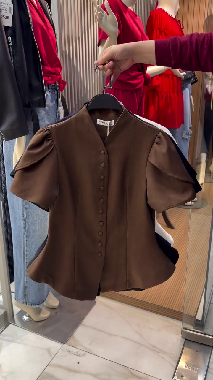 🤎 Mocha Luxe Puff Sleeve Top – Elegant Statement Blouse | Available in Multiple Colours, Designs & Sizes (XXS–XXL) ✨