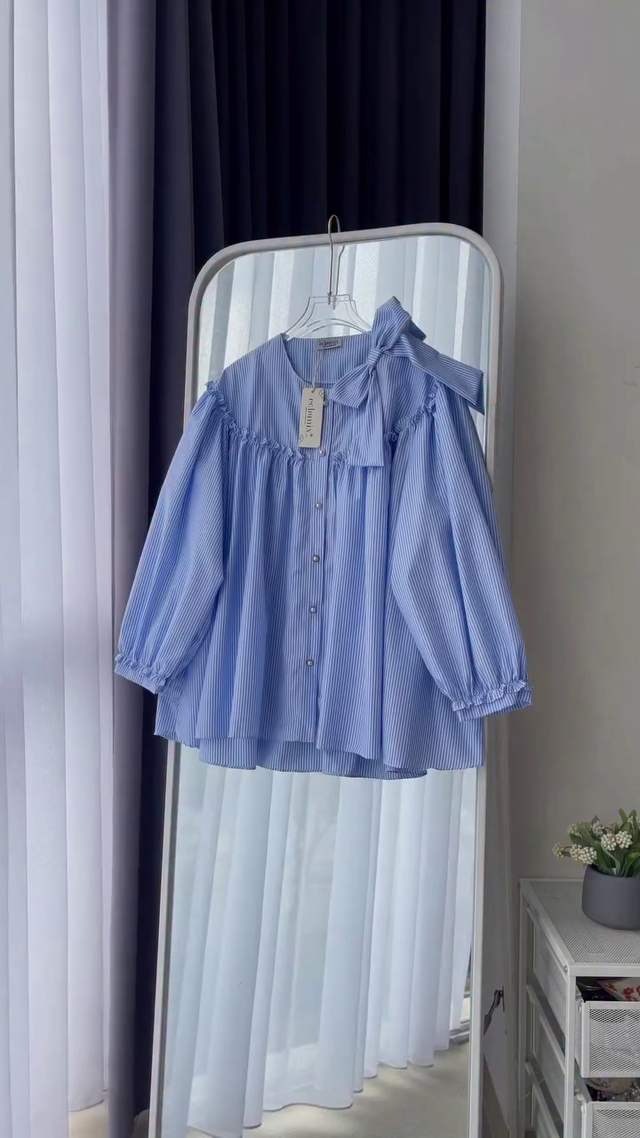 💙 Sky Charm Striped Bow Blouse – Feminine Chic Statement Top | Available in Multiple Colours, Designs & Sizes (XXS–XXL) ✨