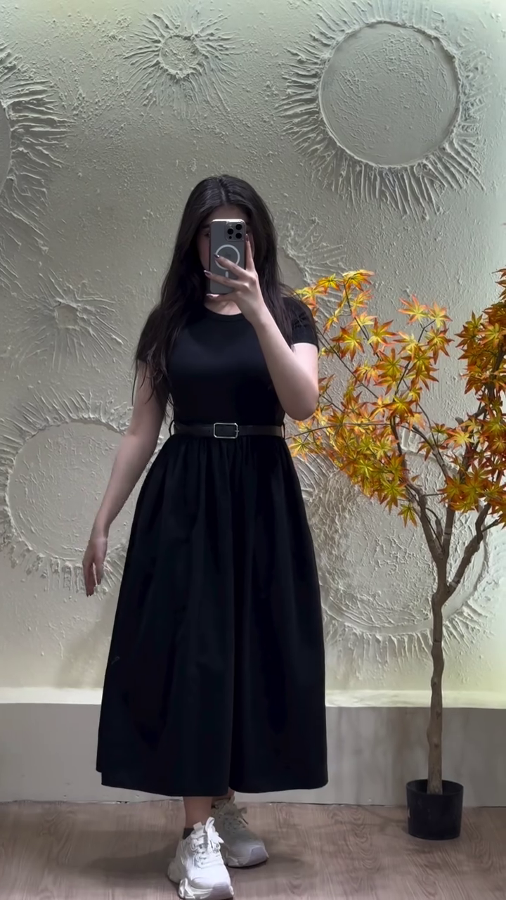 Chic Two-Material Sleeveless Midi Dress with Belt – Effortless Style Meets Modern Elegance