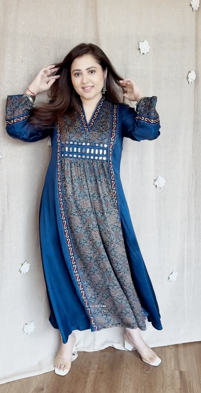 Elegant Ajrakh Modal Satin Silk Dress – Timeless Comfort Meets Artistic Style