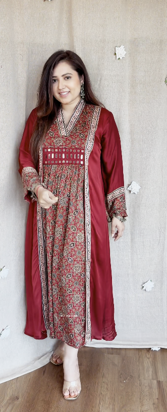 Elegant Ajrakh Modal Satin Silk Dress – Timeless Comfort Meets Artistic Style