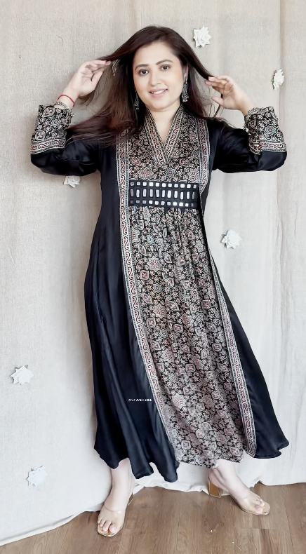 Elegant Ajrakh Modal Satin Silk Dress – Timeless Comfort Meets Artistic Style