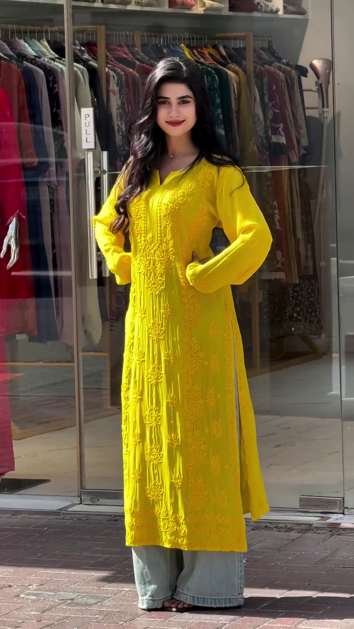 Timeless Elegance: Green Chikankari Embroidered Long Kurti with Pants