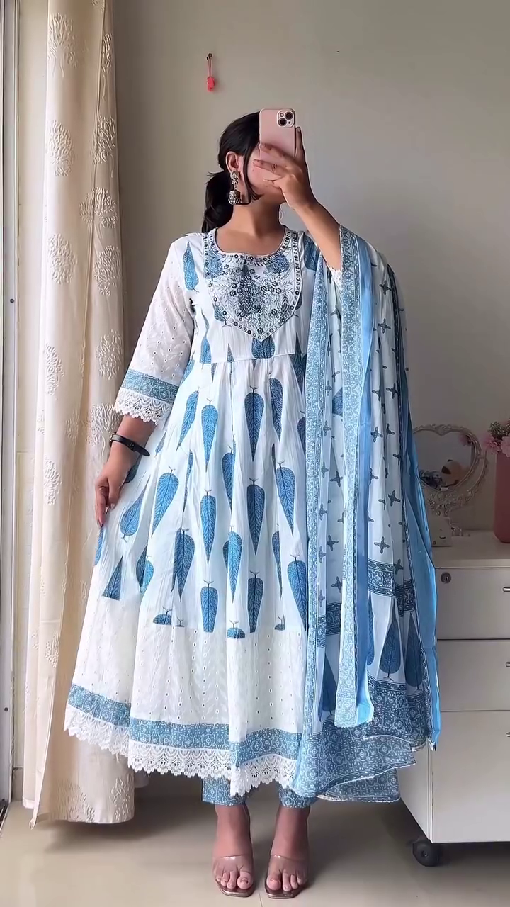 Elegant Blue & White Ethnic Anarkali Set with Dupatta – Graceful Festive & Casual Wear 💙