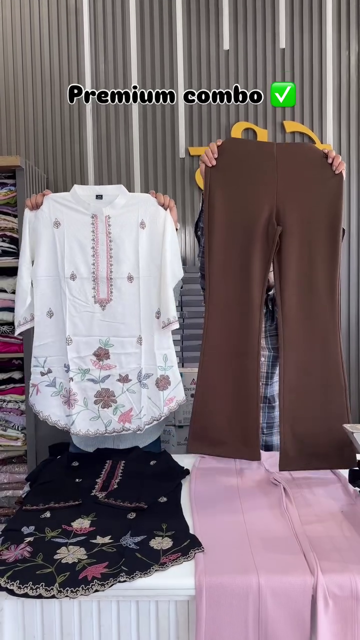 Dark Green Tunic with Pink Floral Embroidery & White Trousers – Elegant Ethnic Ensemble for Women 🌿🌸