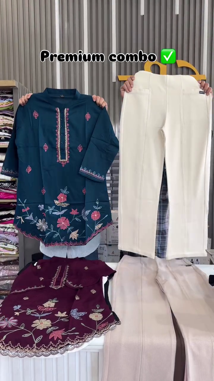 Dark Green Tunic with Pink Floral Embroidery & White Trousers – Elegant Ethnic Ensemble for Women 🌿🌸