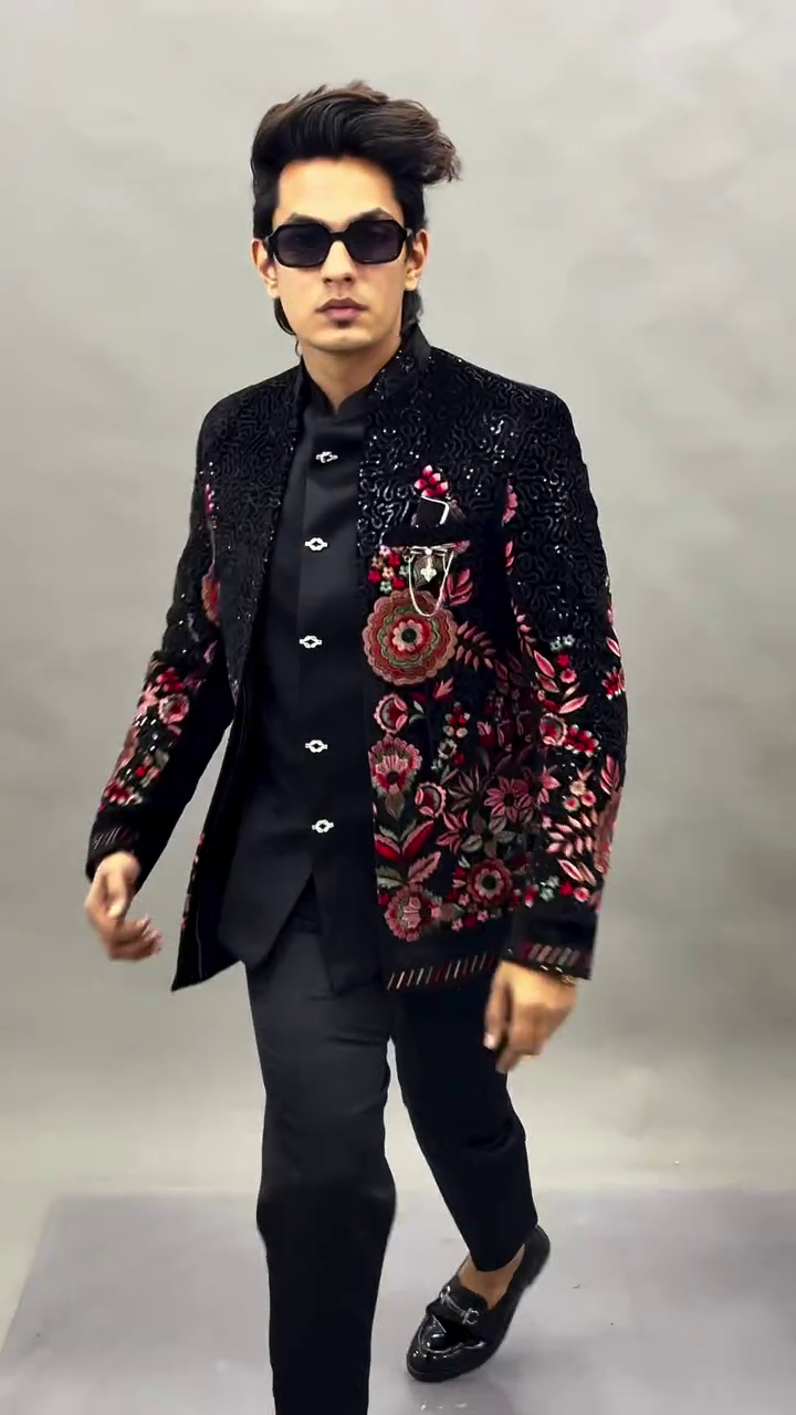 Royal Black Statement: Embroidered Designer Party Blazer Set for Men