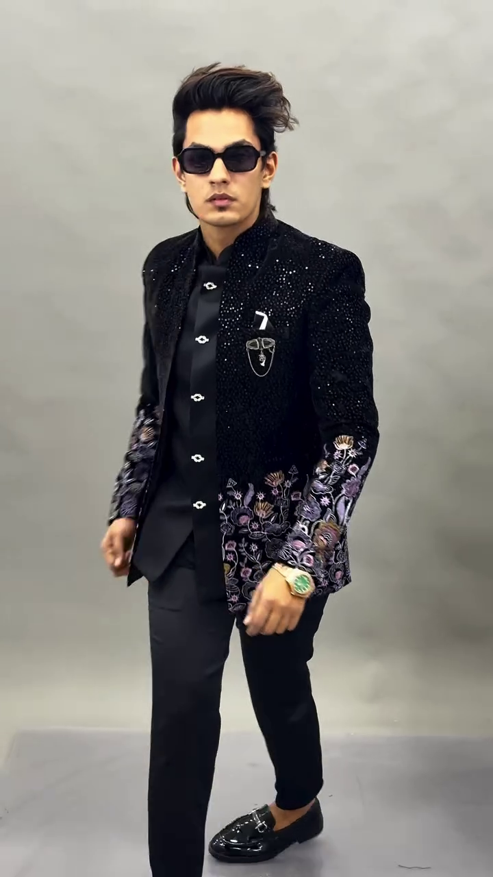 Royal Black Statement: Embroidered Designer Party Blazer Set for Men
