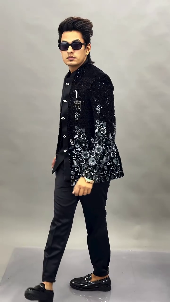 Royal Black Statement: Embroidered Designer Party Blazer Set for Men