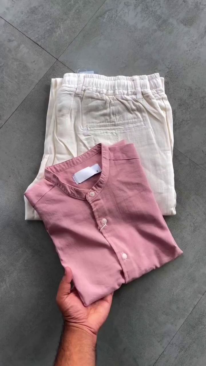 Fresh & Minimal: Olive Green Cotton Shirt with Relaxed White Trousers Set