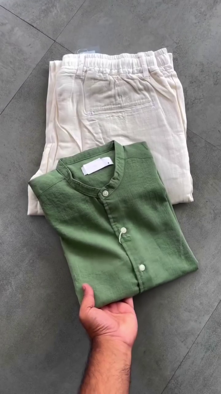 Fresh & Minimal: Olive Green Cotton Shirt with Relaxed White Trousers Set
