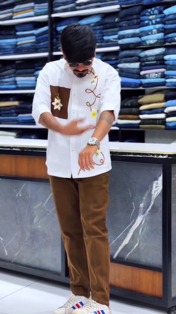 Modern Ethnic Fusion: White Embroidered Shirt with Brown Trousers
