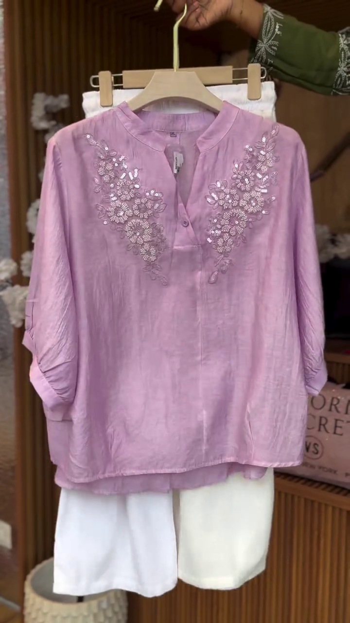 Soft & Graceful: Lavender Embroidered Top with White Shorts Set