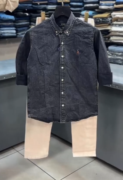 Rugged & Refined: Vintage Brown Shirt with Washed Denim Combo