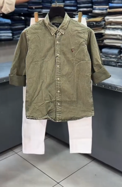 Rugged & Refined: Vintage Brown Shirt with Washed Denim Combo