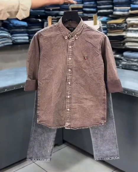Rugged & Refined: Vintage Brown Shirt with Washed Denim Combo
