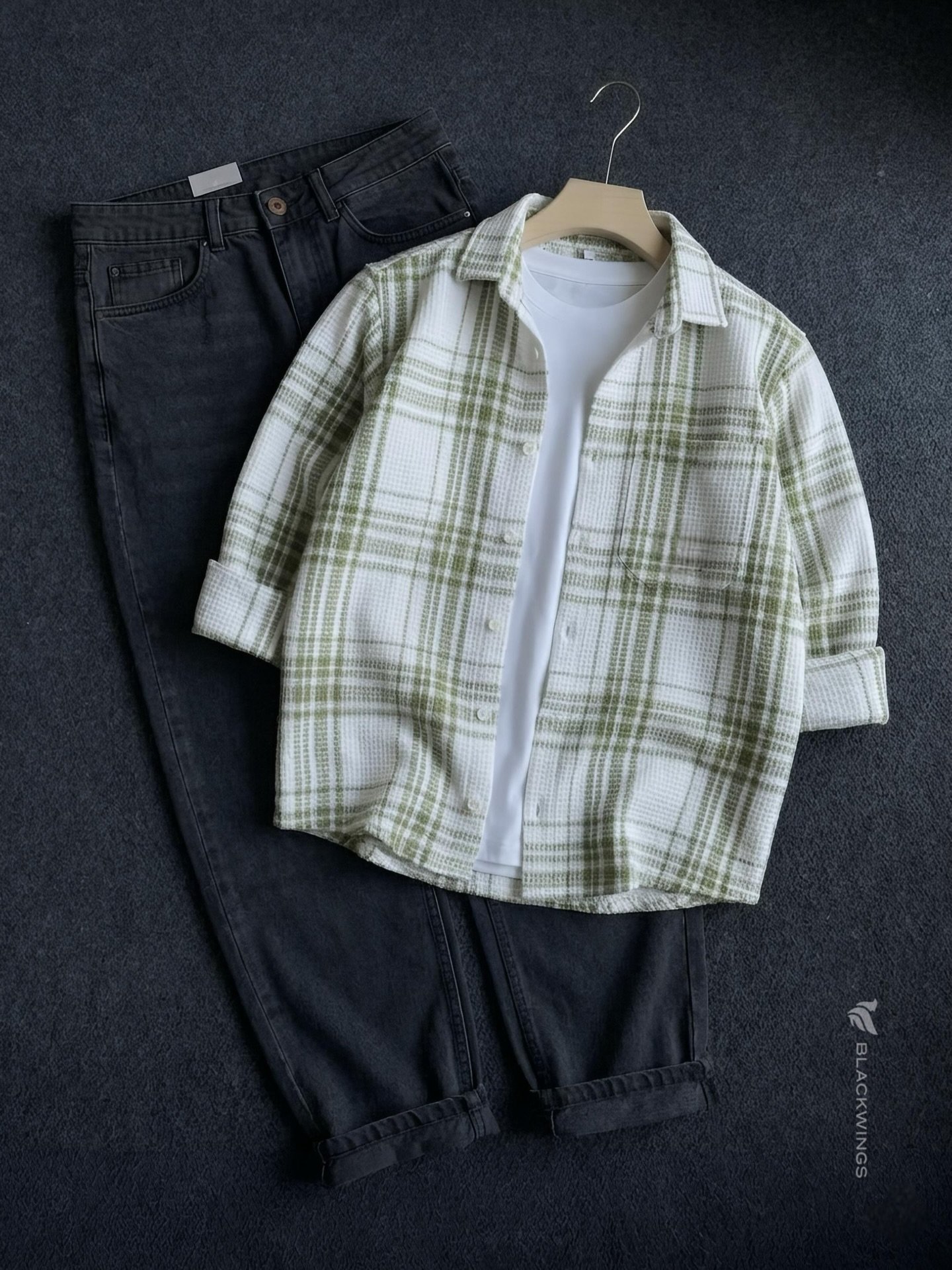 Casual Cool Combo: Green Checked Shirt with White Tee & Black Denim