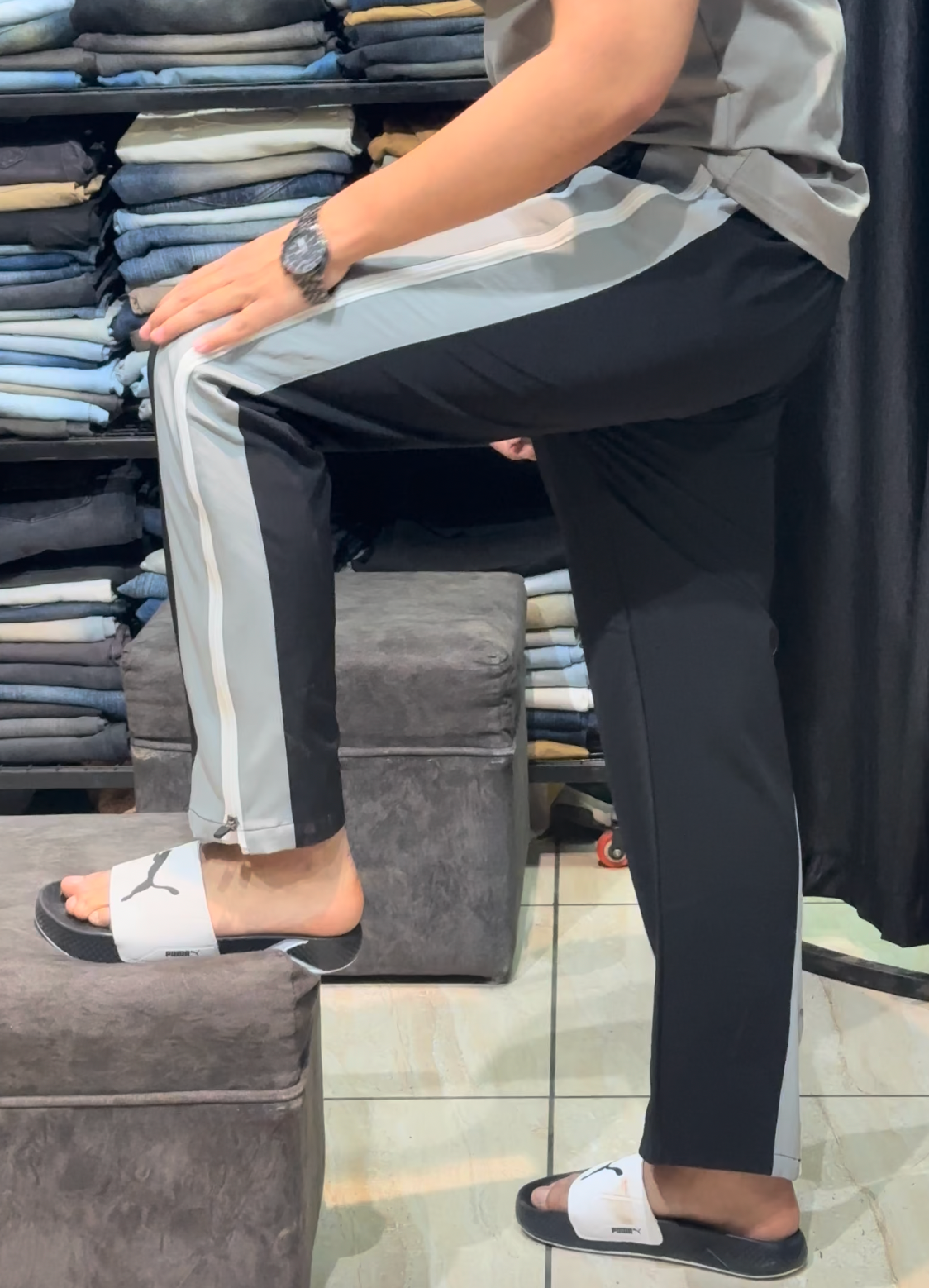 Men’s 4-in-1 Solid Black Track Pants with Grey Stripe & Zipper Hem – Only ₹149