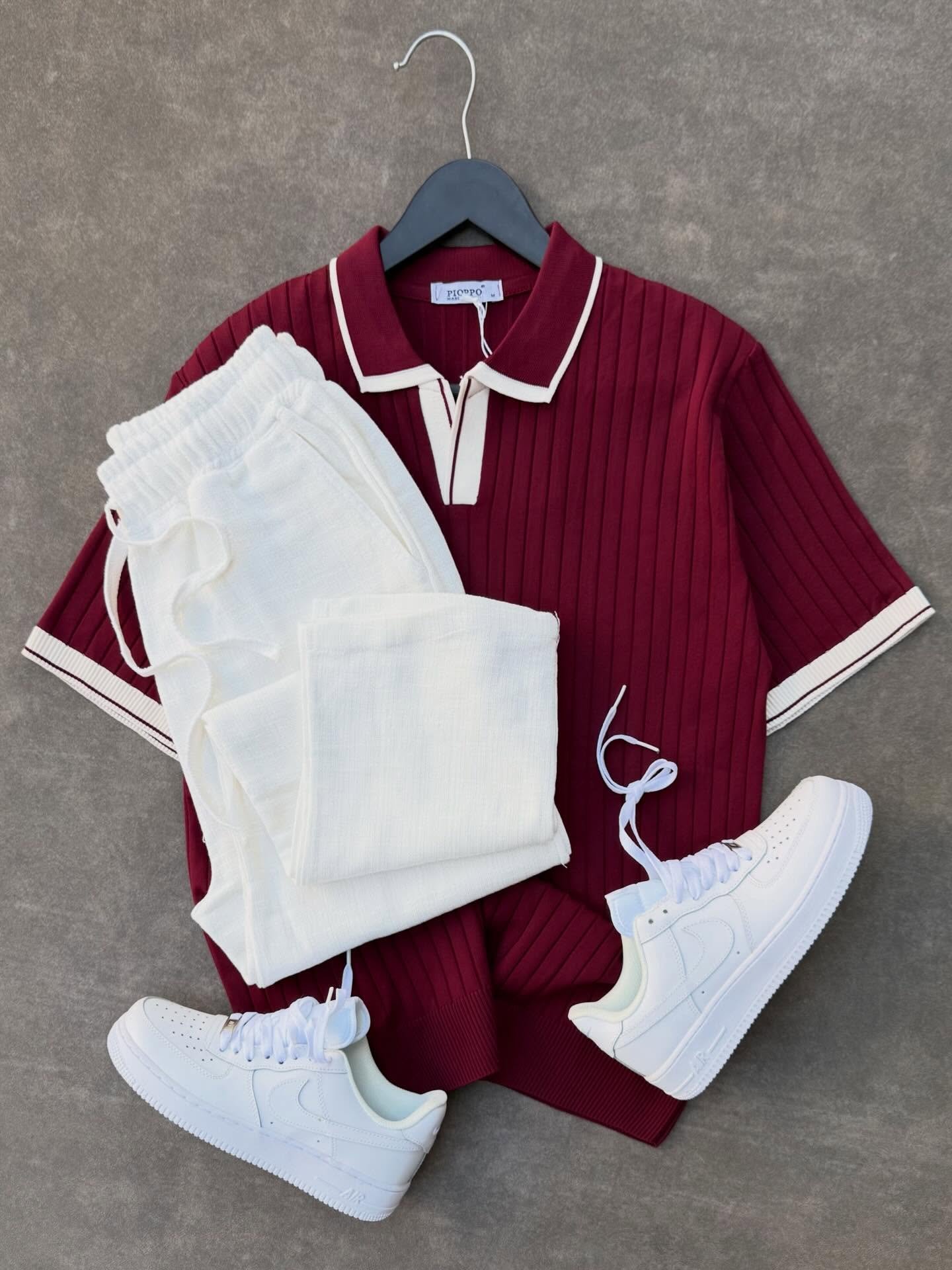 Men’s Maroon Ribbed Zipper Polo with White Sweatpants – Premium Casual Combo at Just ₹149