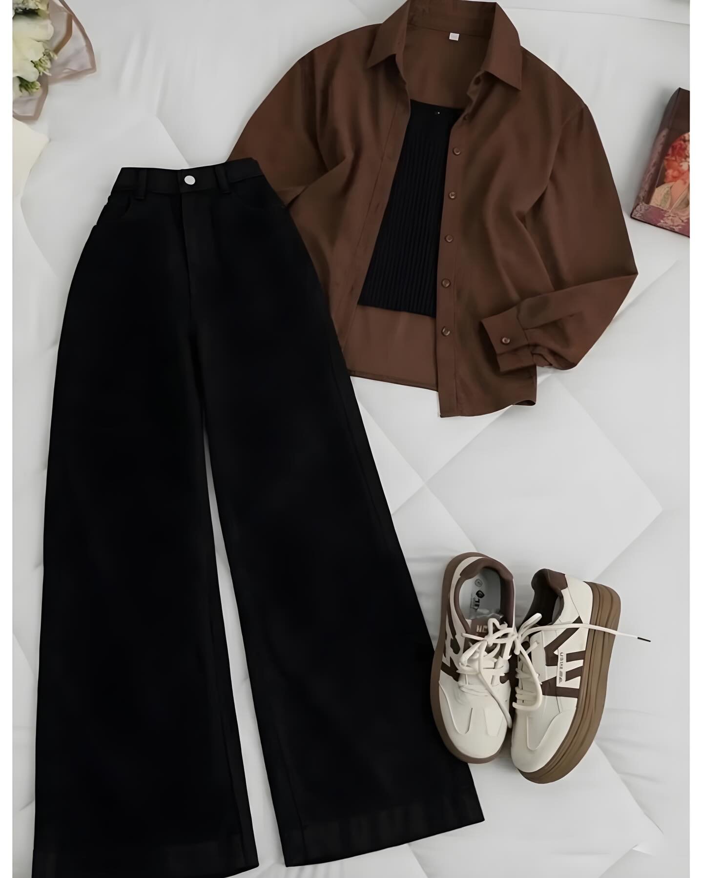 Korean Style 3-Piece Set – Brown Shirt, Black Tank & Wide-Leg Trousers at Just ₹149